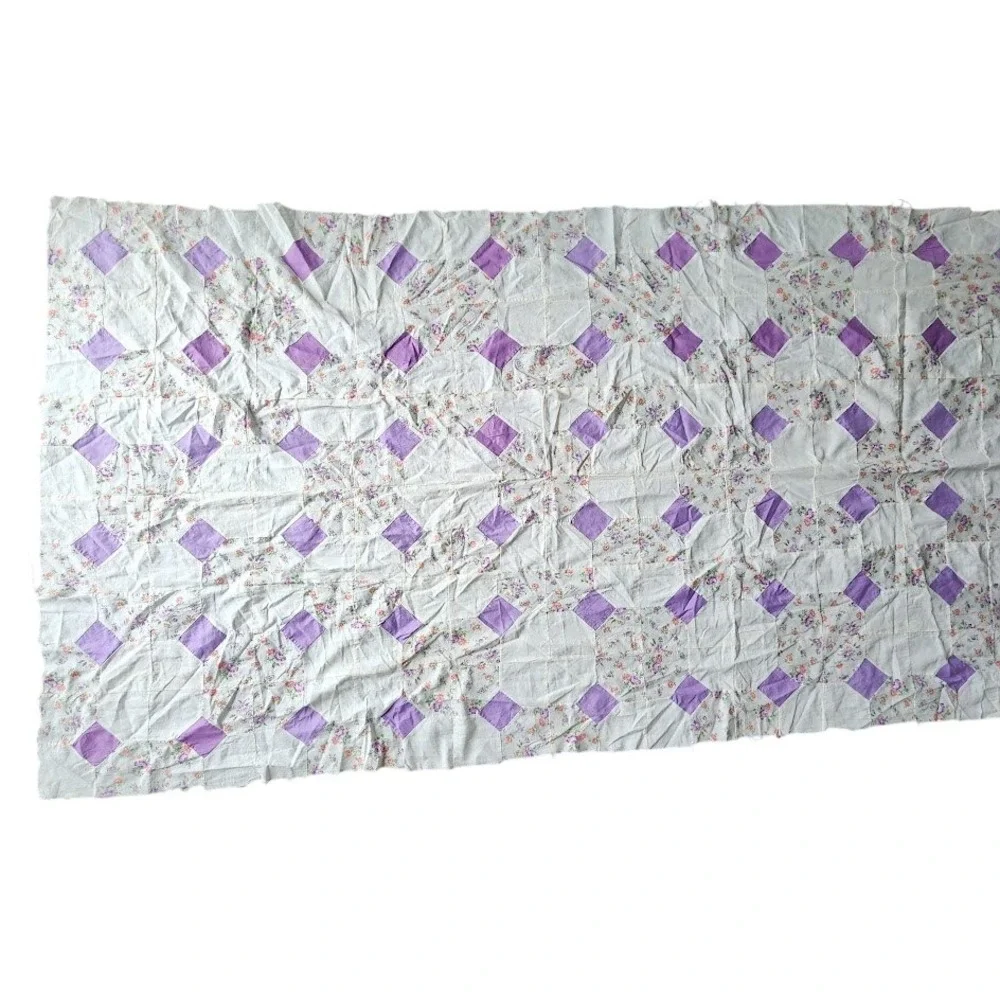 VINTAGE Handmade Patchwork Quilt Top Unfinished Purple Bow Tie Floral 38x92